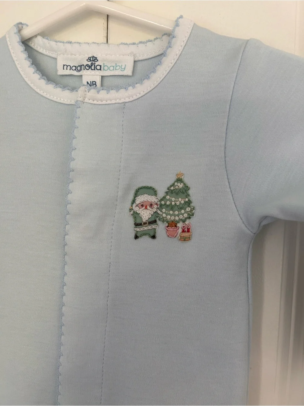 Magnolia Baby newborn baby light blue footie embroidered Santa Christmas tree